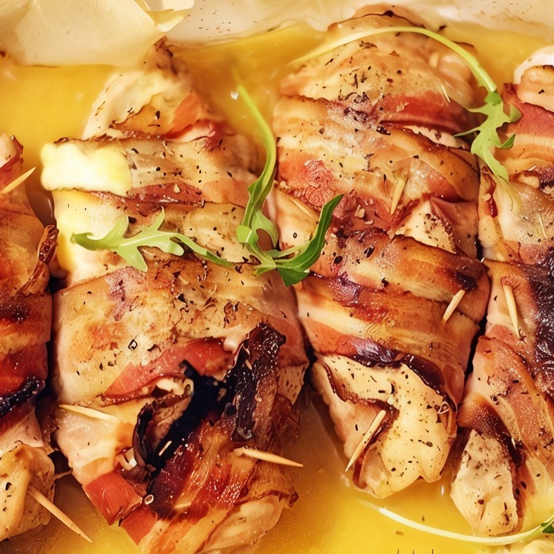 Куриное филе, запеченное с томатами, беконом и сыром