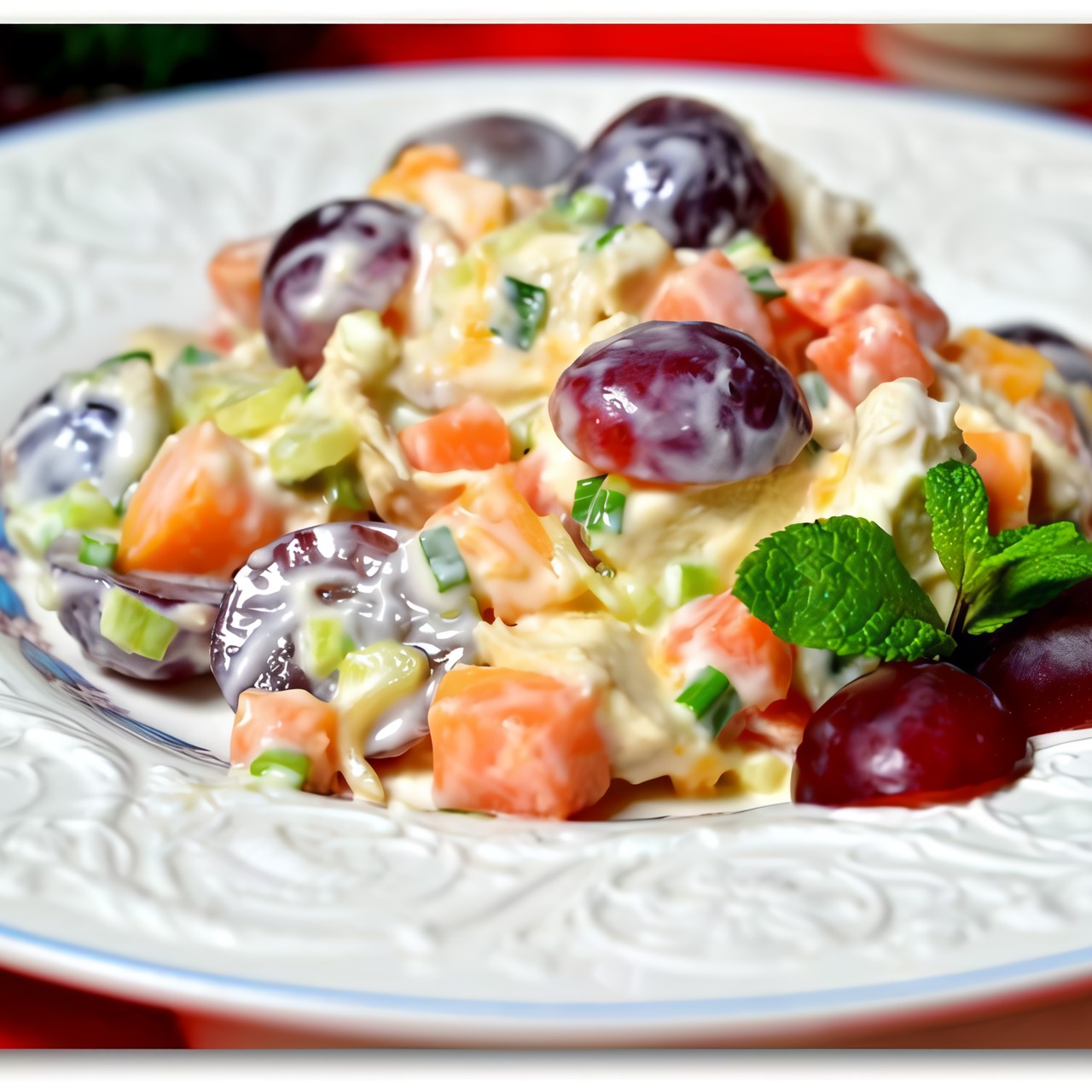 Куриный салат с фруктами, орехами и изюмом