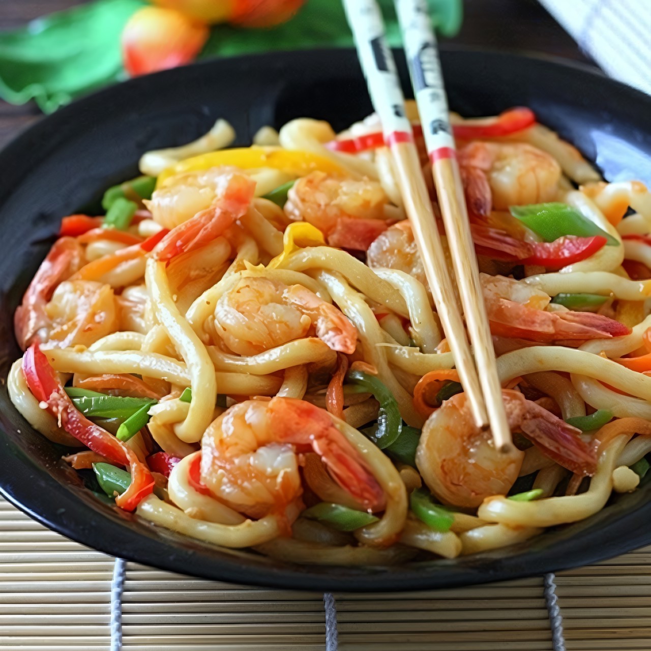 Лапша с креветками в соусе из авокадо