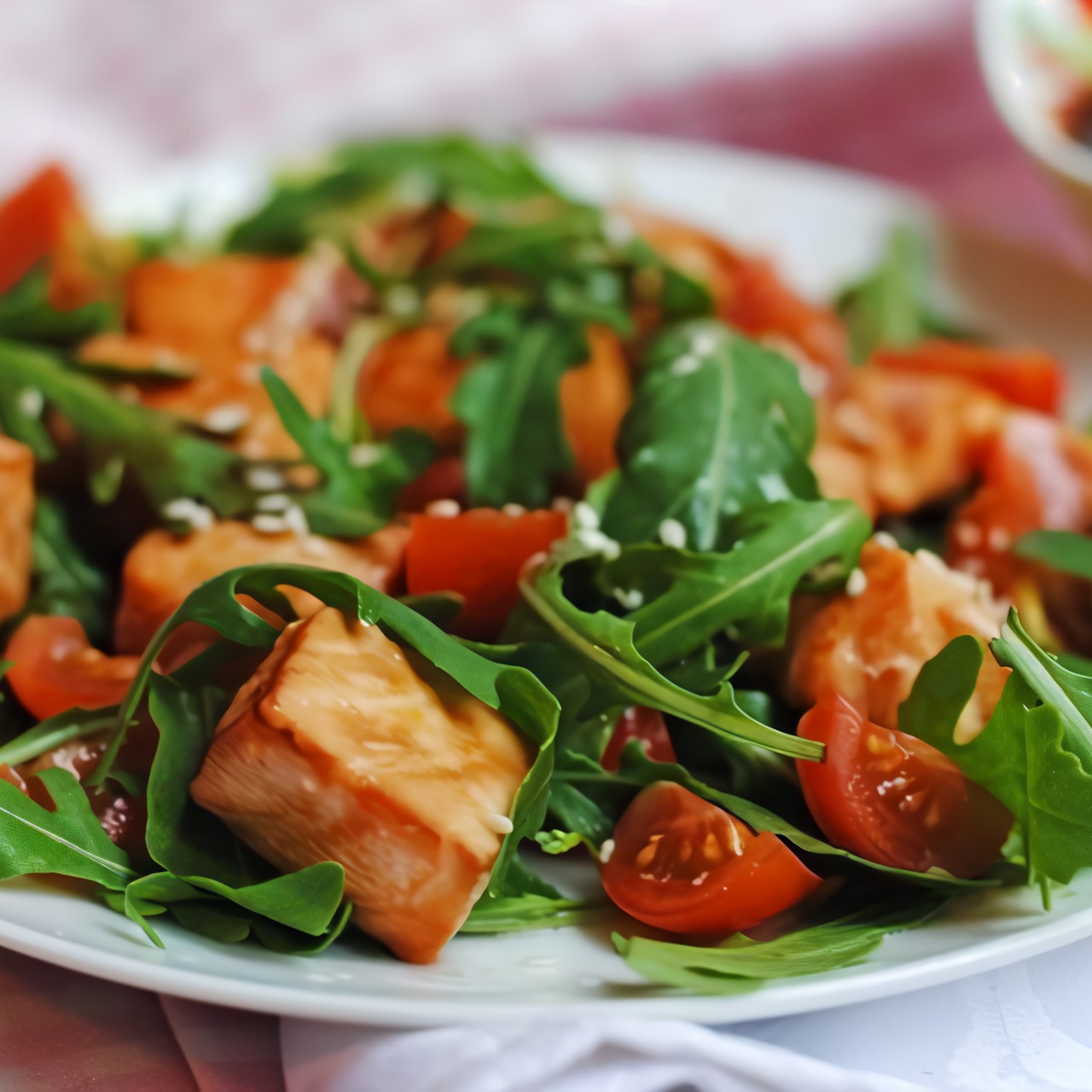 Легкий салат с форелью и рукколой