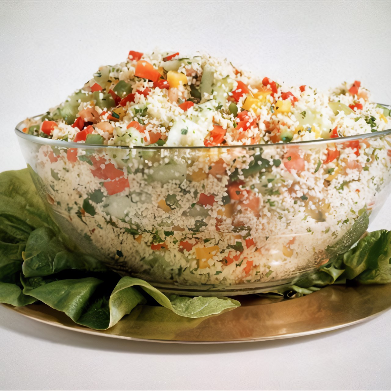 Летний разноцветный салат с кускусом и красными перцами