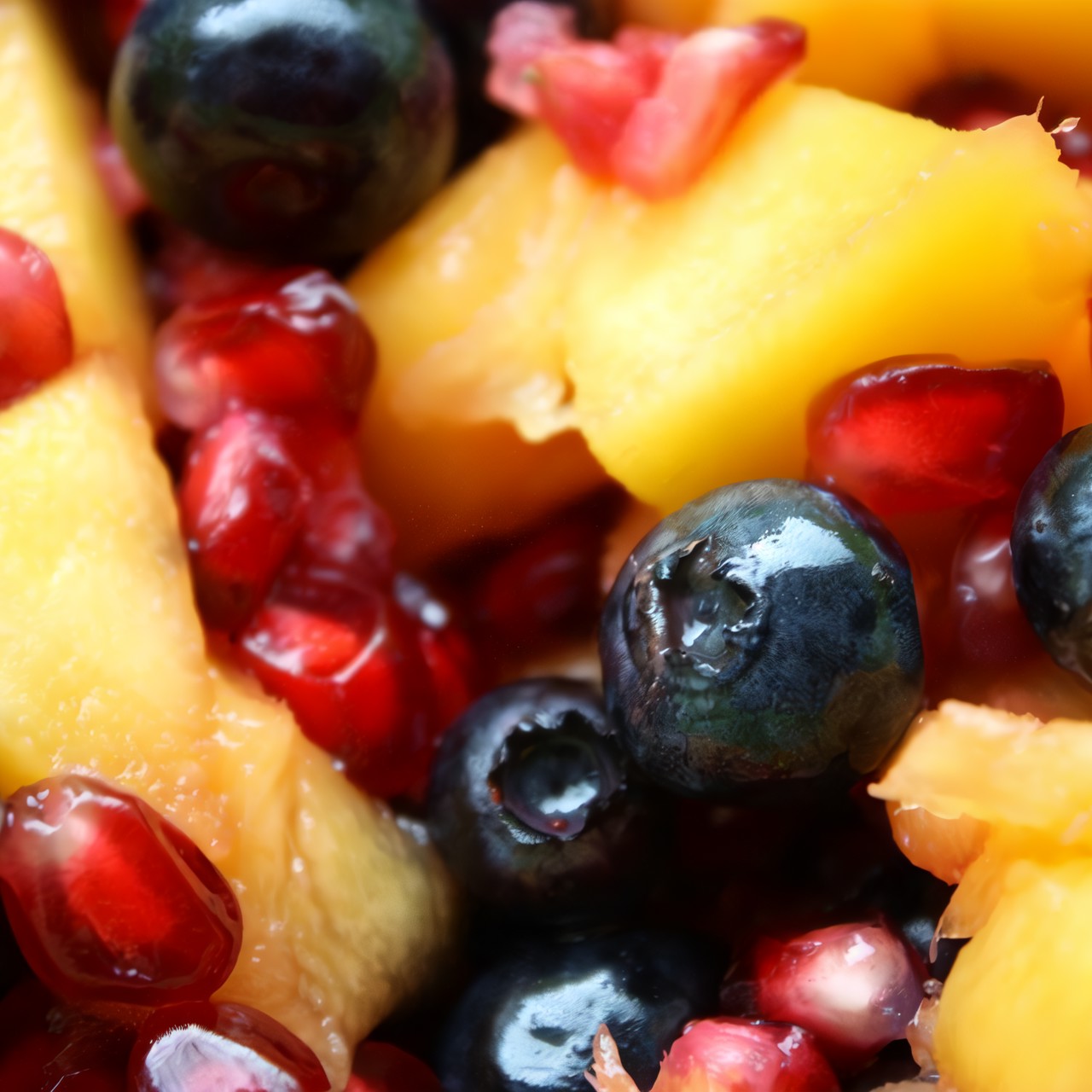 Летний салат из манго, гранатовых зерен и черники