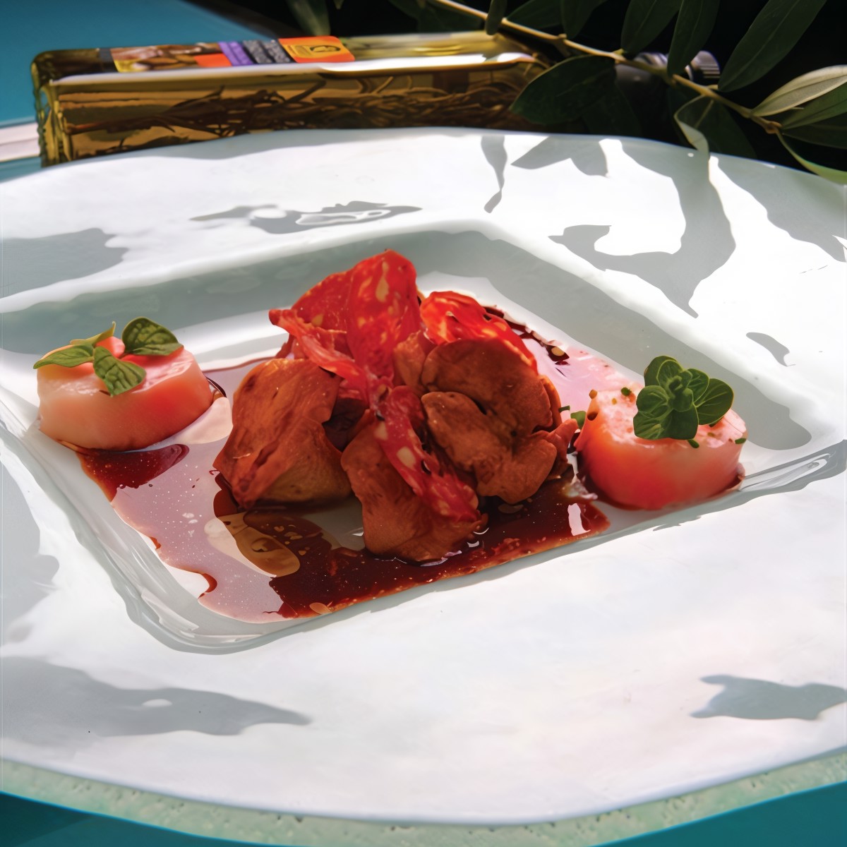 Лисички с хрустящей салями в соусе из красного вина с тмином и кориандром