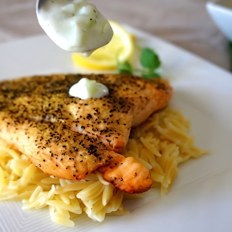 Лосось по-гречески с соусом дзадзики