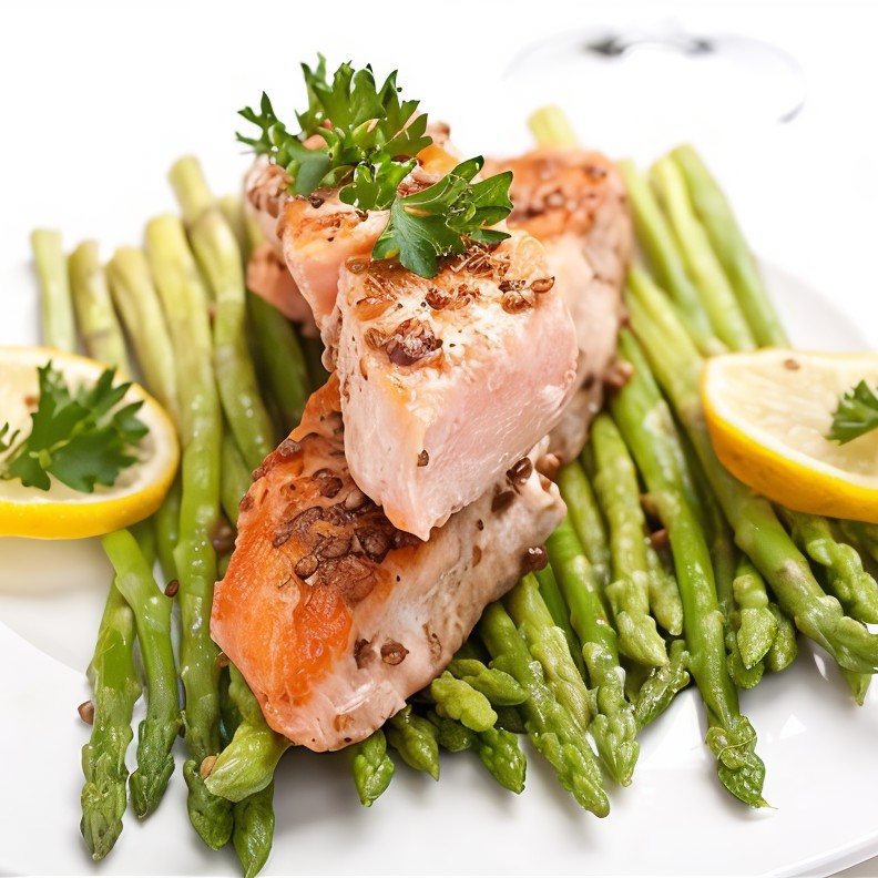 Лосось с жареной спаржей и лимонным соусом с каперсами