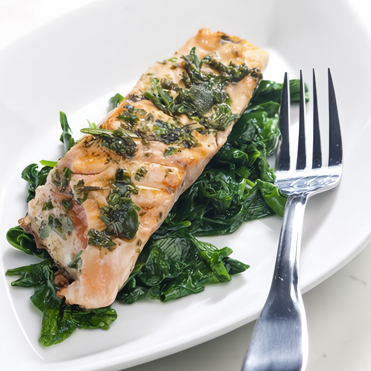 Лосось в бальзамической глазури со шпинатом, маслинами и изюмом