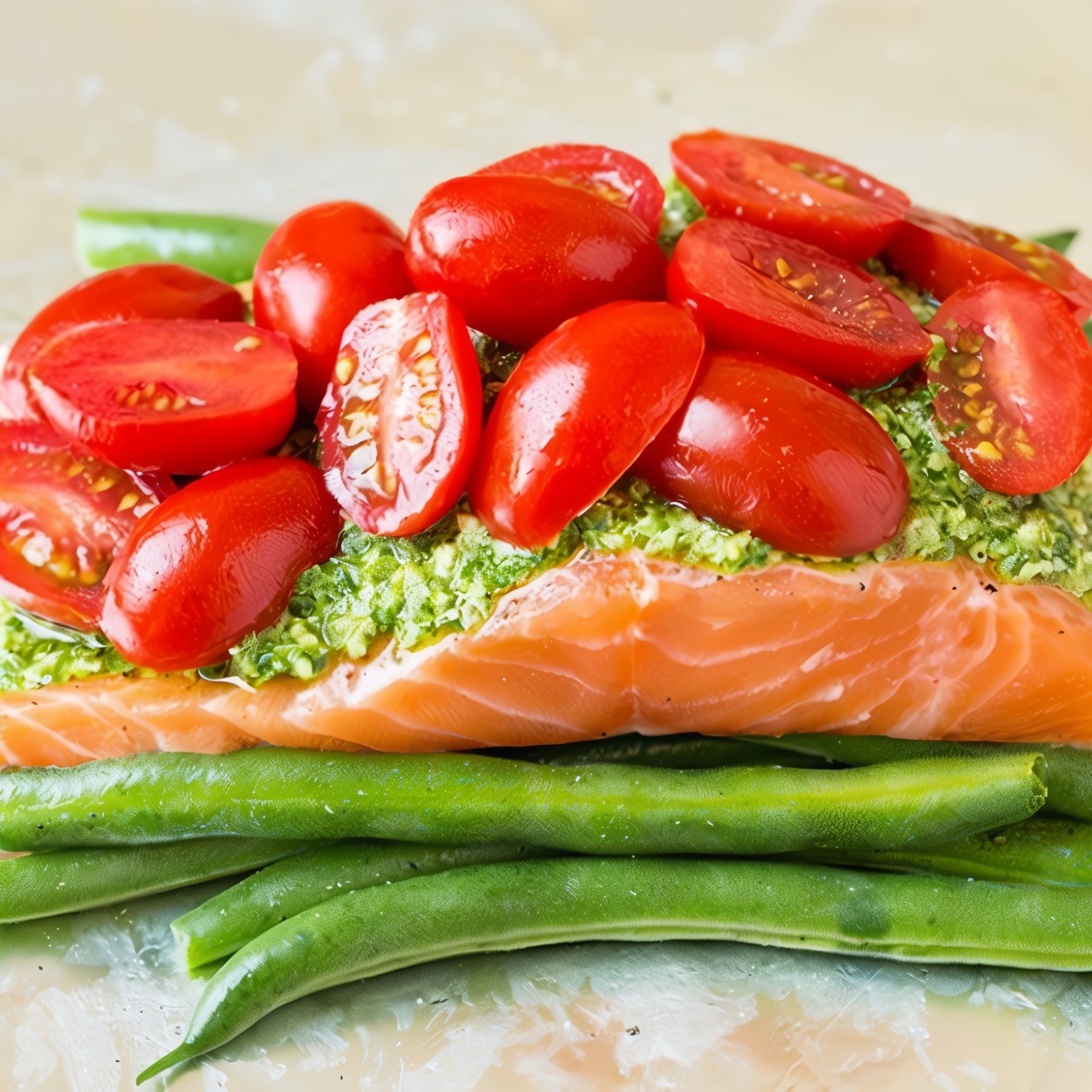 Лосось, запеченный со стручковой фасолью и соусом песто