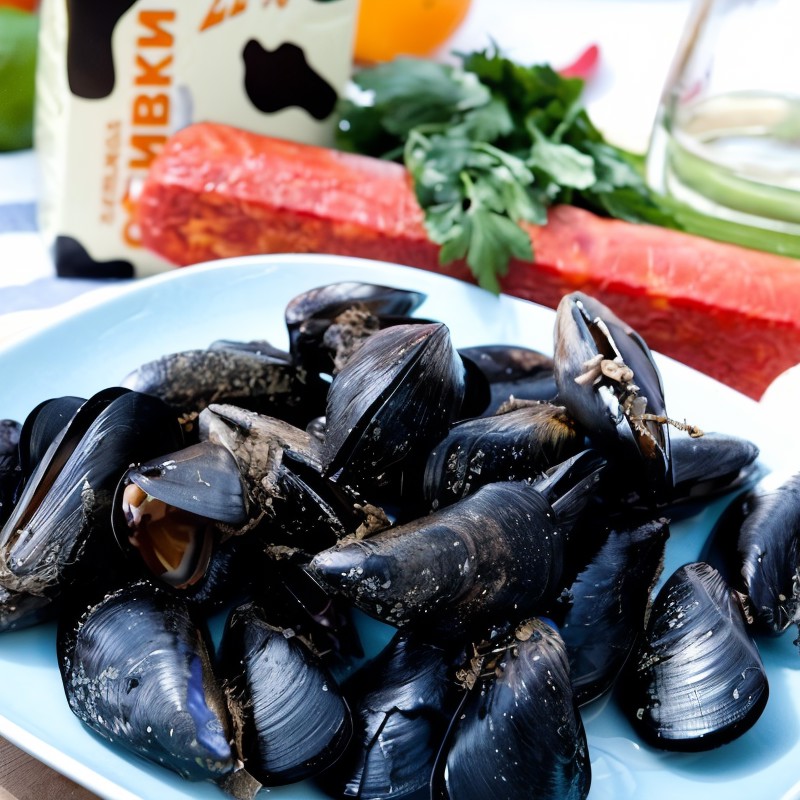 Мидии с шафраном и колбасками чоризо