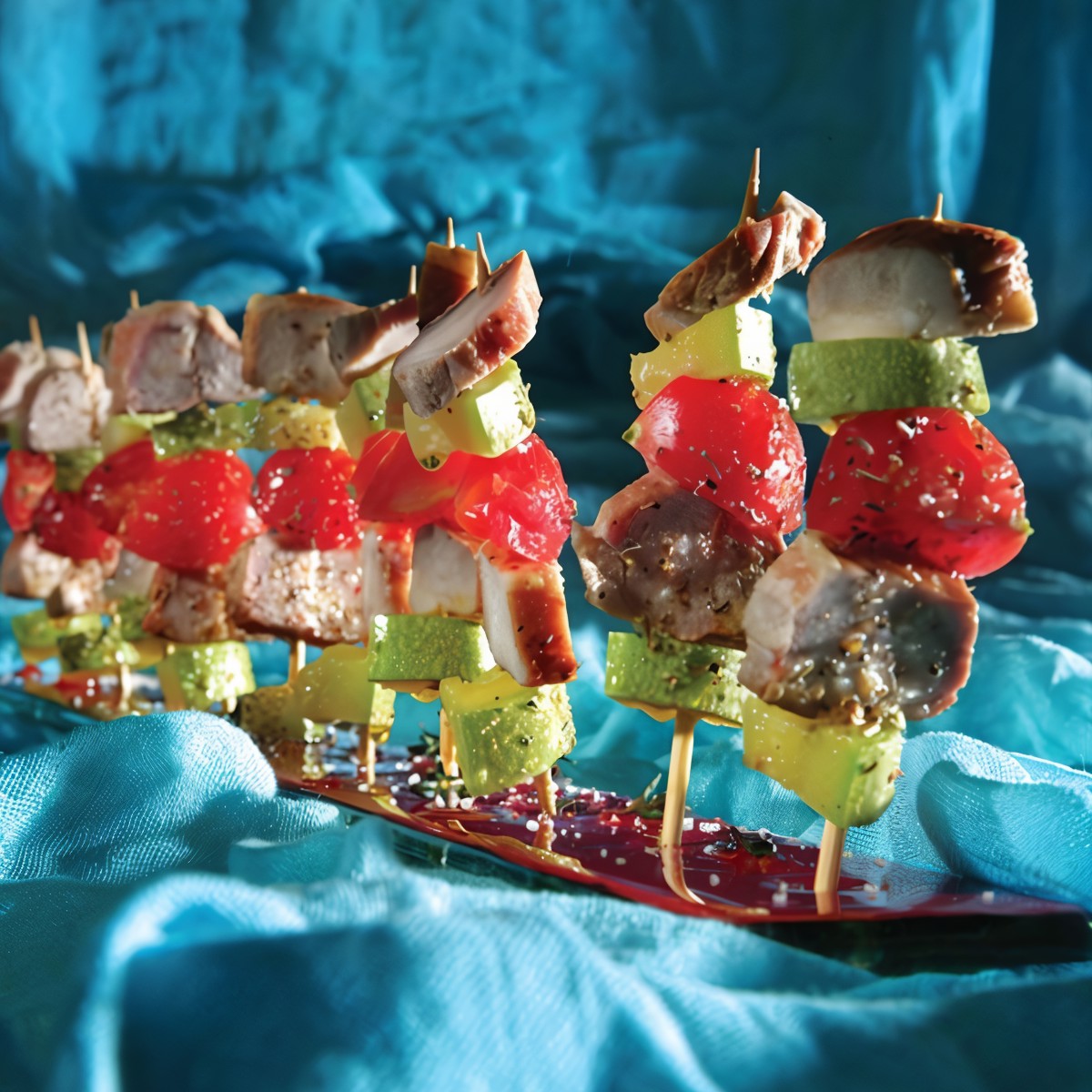 Мини-шашлыки из копченой свинины, помидоров черри и маринованных цукини