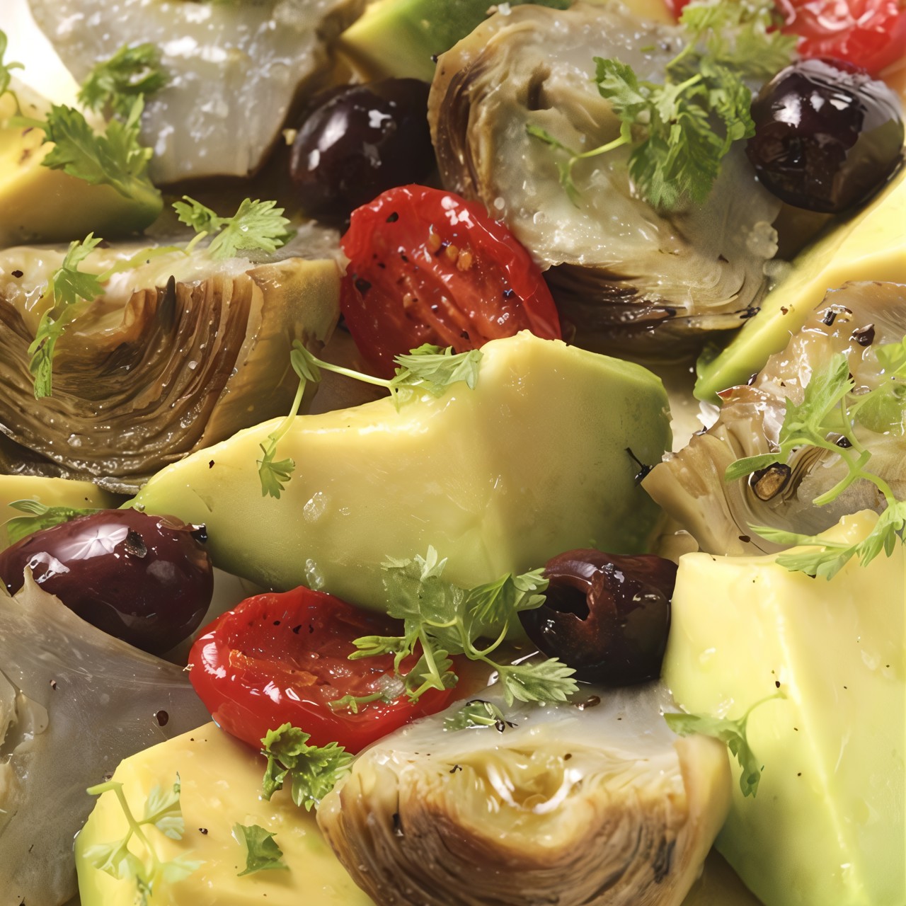 Молодые артишоки с авокадо, таджарскими оливками и томатами «Дотерно»