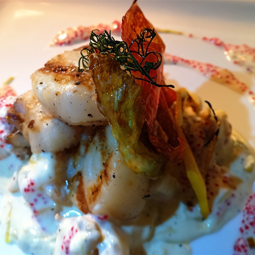 Морские гребешки на подушке из тигровых креветок