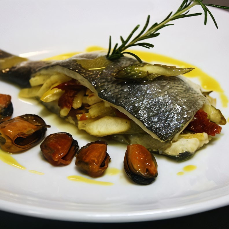 Морской волк, фаршированный овощами, с мидиями и шафрановым маслом