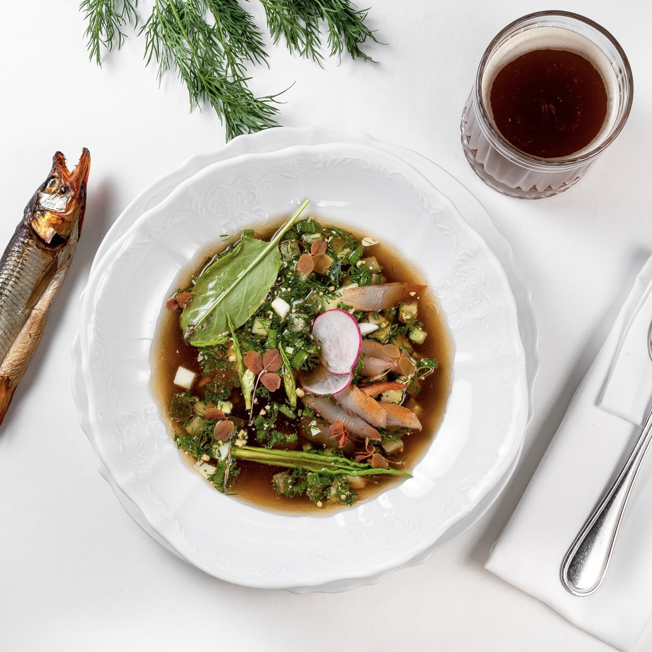 Окрошка с копченой корюшкой