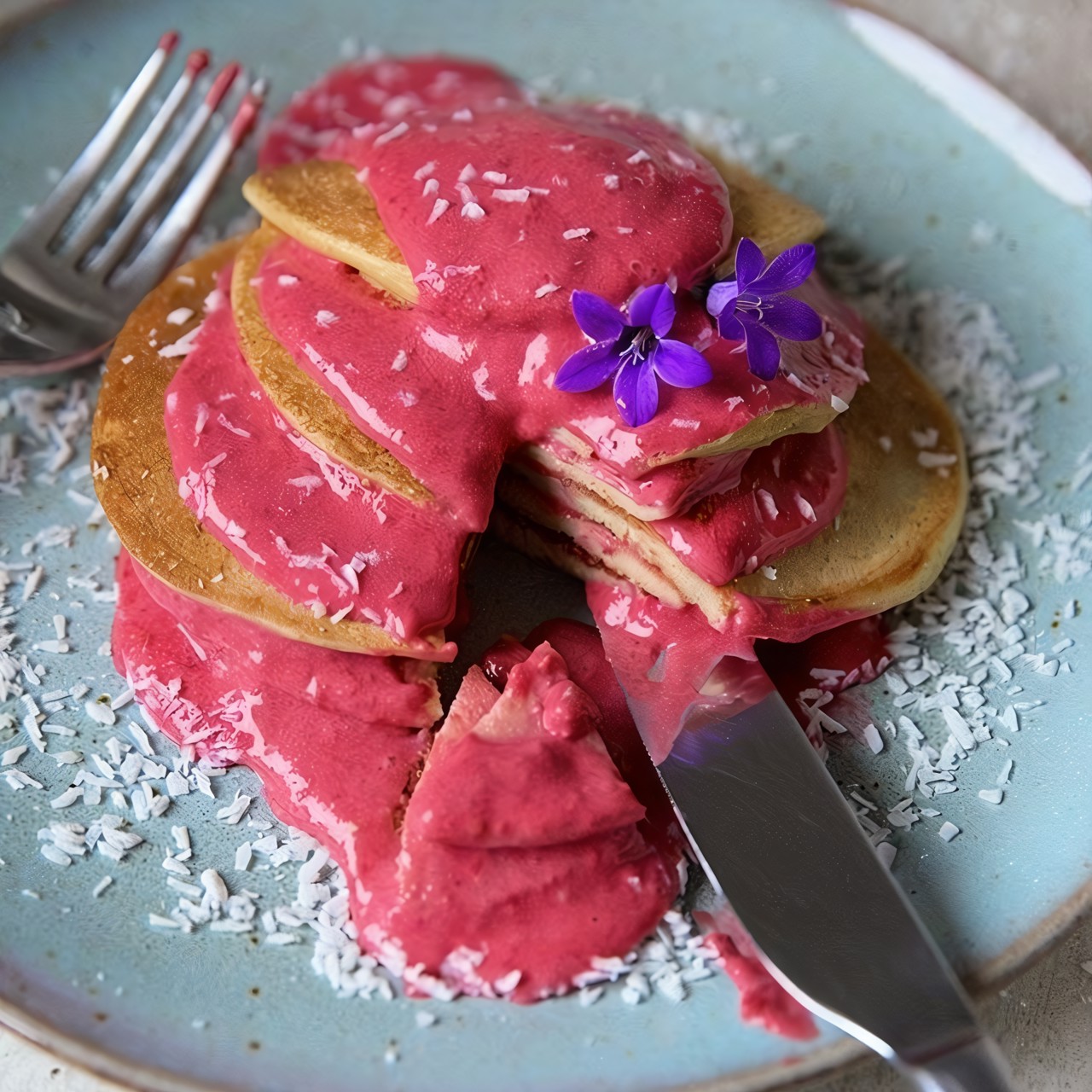 Оладьи с малиновым и манговым соусами