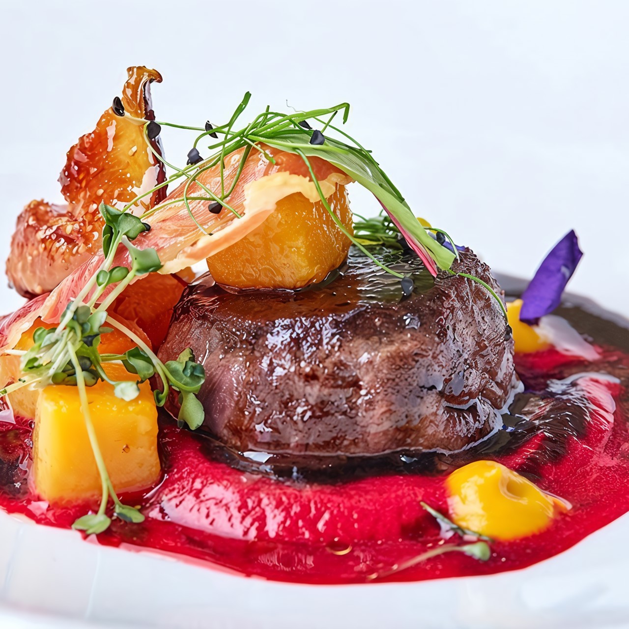 Оленина со свекольным муссом и терпким соусом из черной смородины