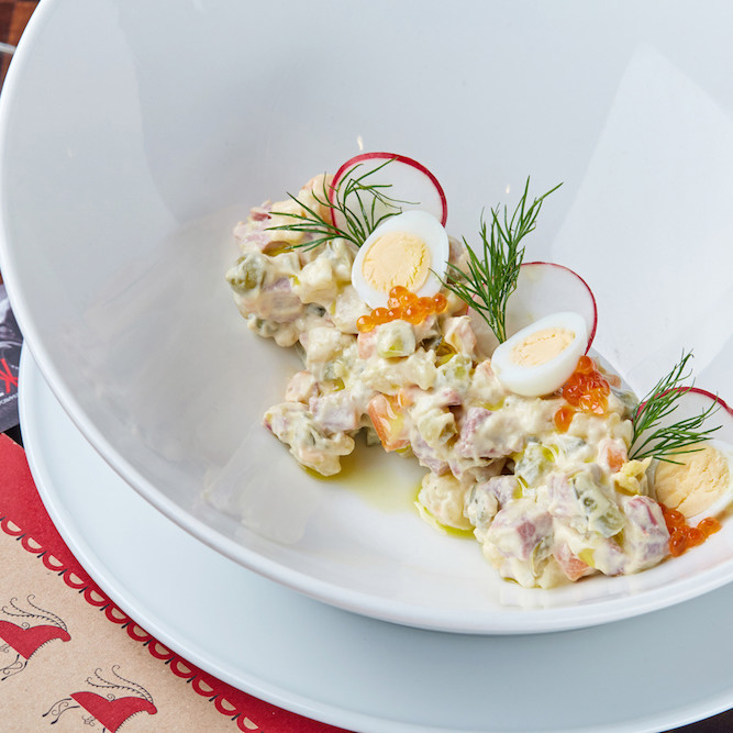 Оливье с говяжьим языком и соусом тоннато