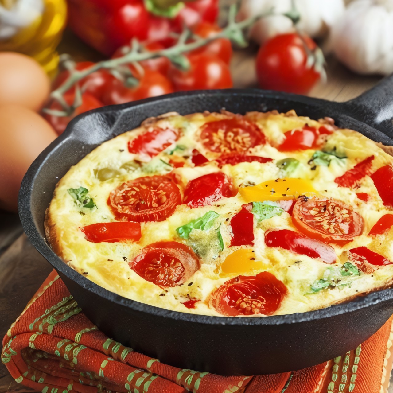 Омлет с болгарским перцем, грибами, помидорами и грудинкой