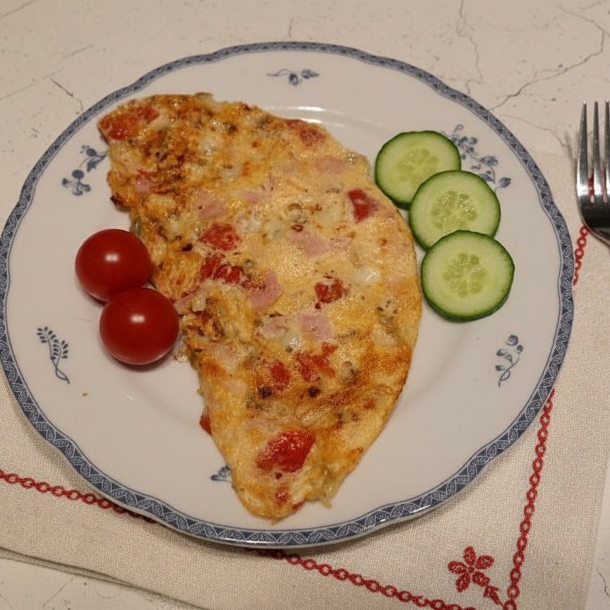 Омлет с ветчиной, помидорами и сыром в мультипекаре