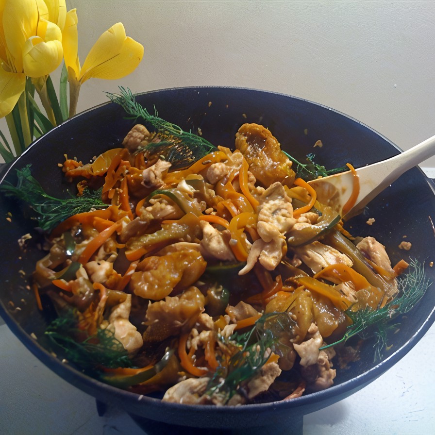 Отварная курица с соусом из овощей и клецками, жареными в китайской смеси пяти пряностей