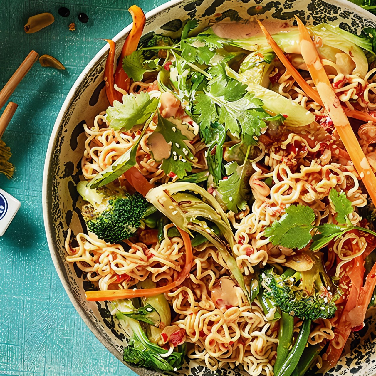 Овощи по-китайски с яичной лапшой