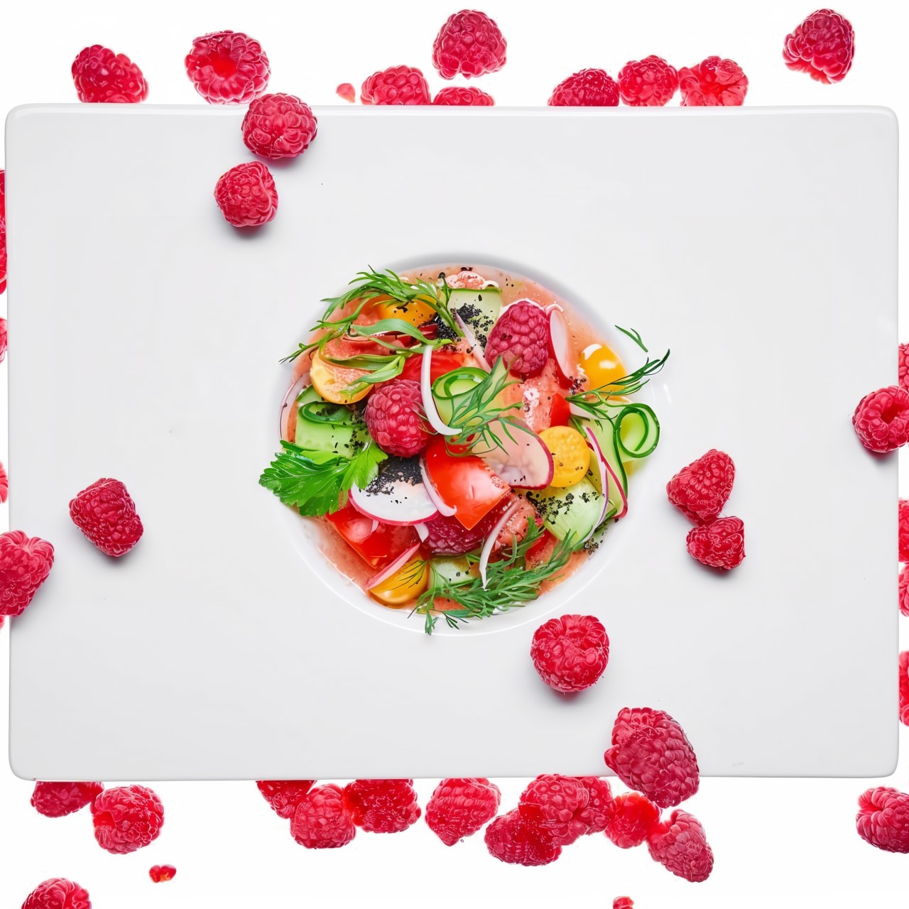 Овощной салат с малиной и фезалисом, заправленный легким гаспачо