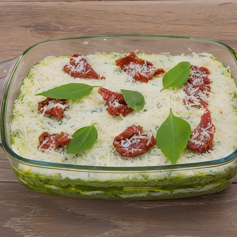 Овощная лазанья из цукини с рикоттой и соусом песто