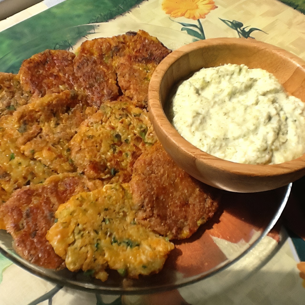 Овощные оладьи со сливочным соусом из брокколи