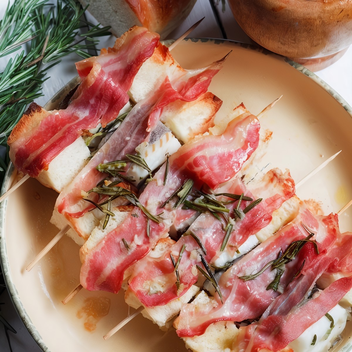 Блюдо в аэрогриле – палтус на шпажках с хлебом и беконом