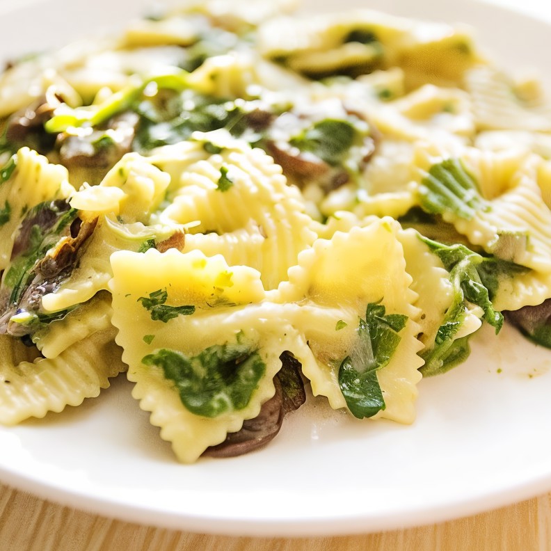 Паста фарфалле с грибами и шпинатом в сливочном соусе