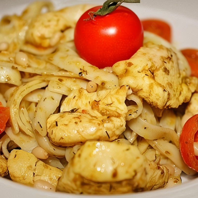 Паста с курицей, соусом песто и кедровыми орешками