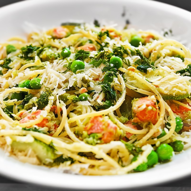 Паста с лососем, цукини и зеленым горошком