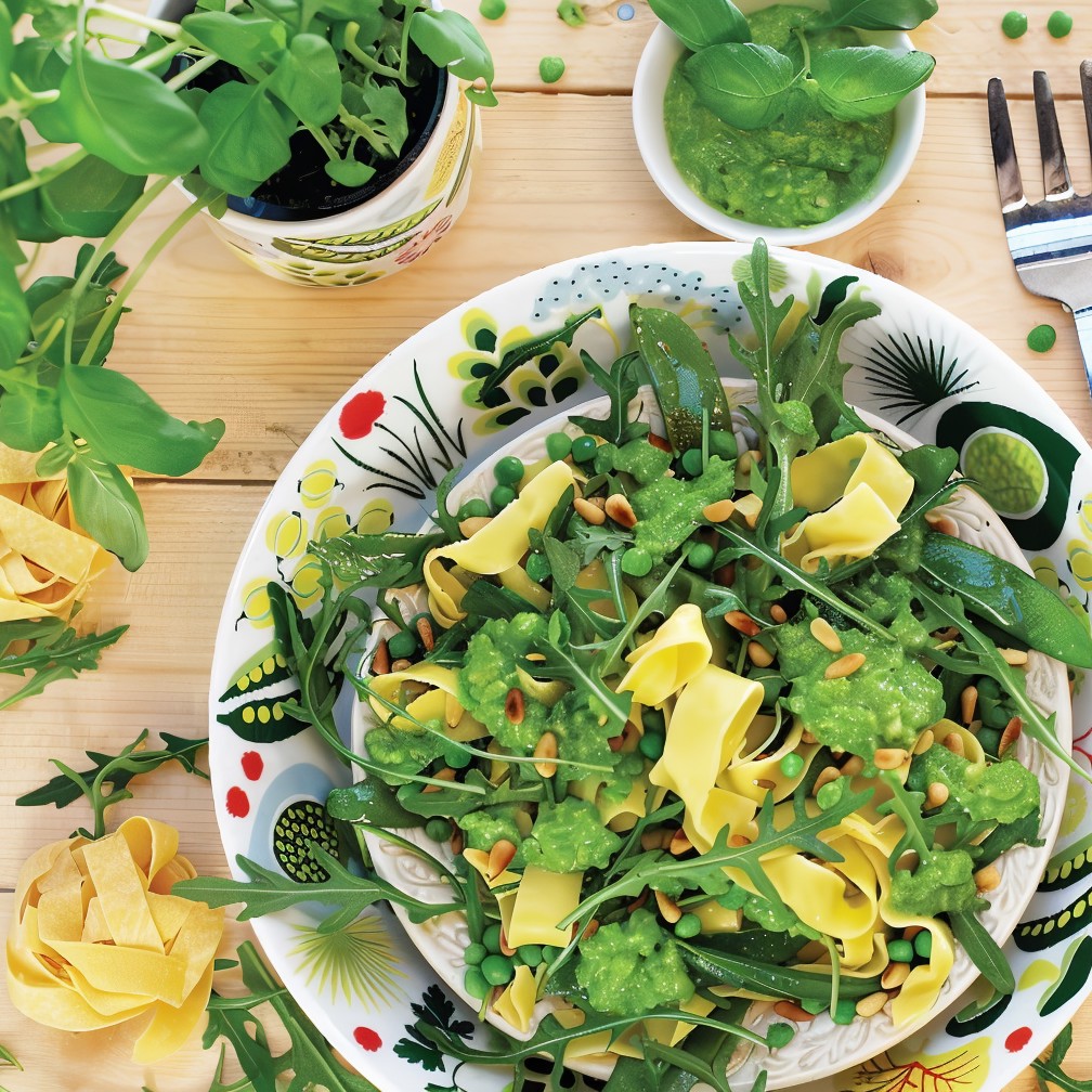 Паста с песто, кедровыми орешками и рукколой