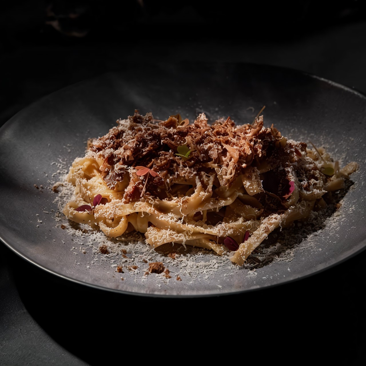 Паста с жареными семечками, уткой и понзу из белых грибов