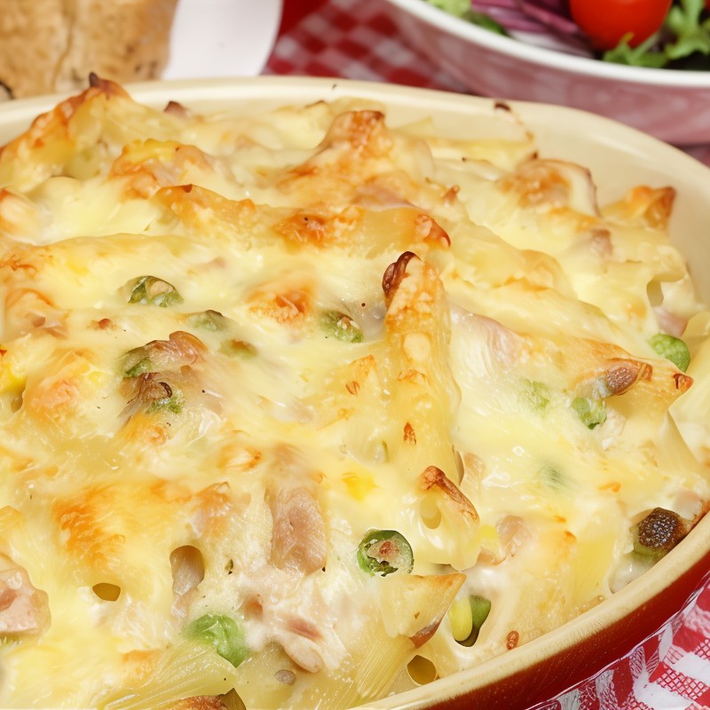 Пенне, запеченные с пармезаном, сливками и прошутто