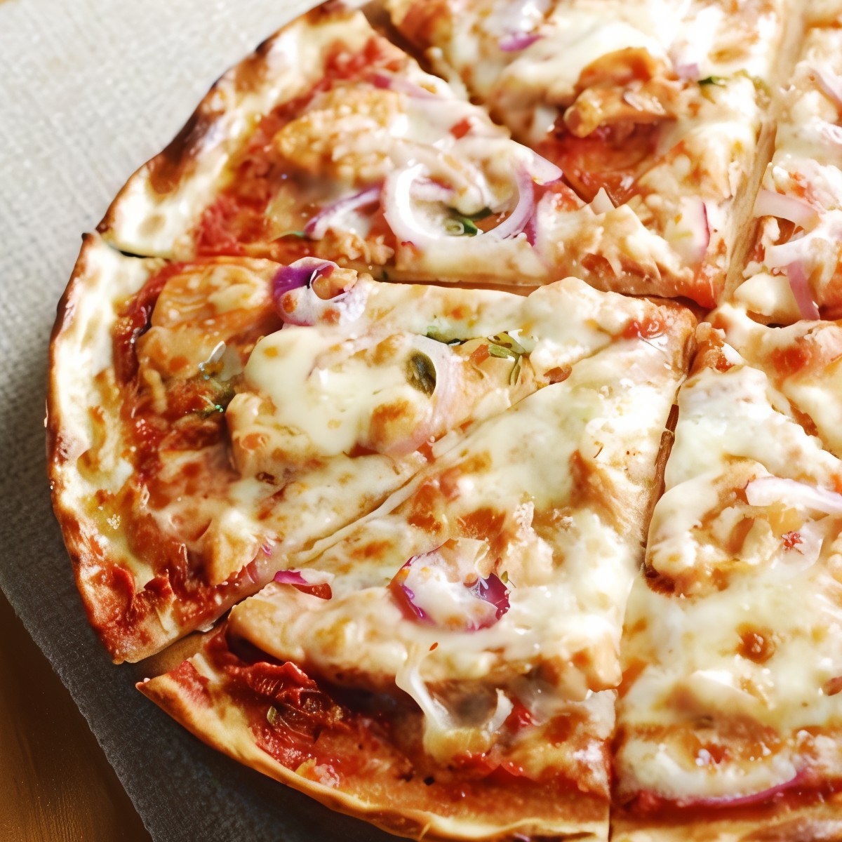 Пицца с курицей, базиликом и моцареллой