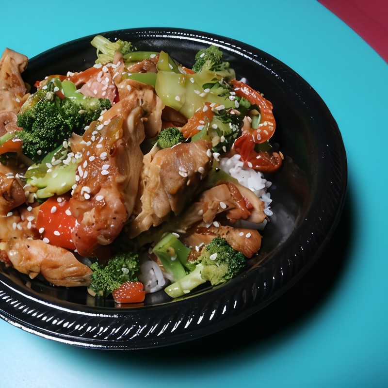 Пикантное жаркое из курицы по-китайски с брокколи, перцем и огурцом