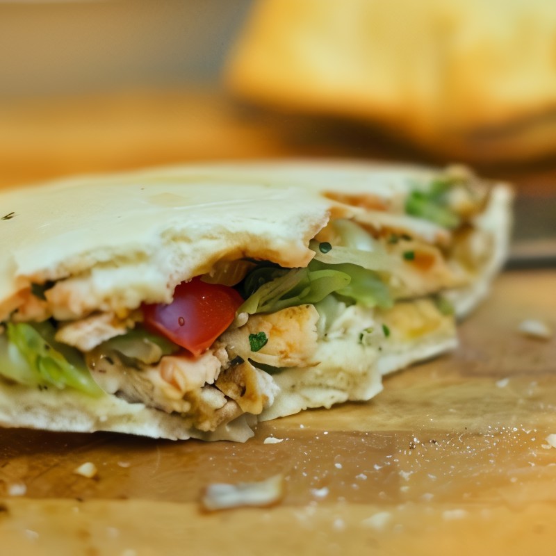 Пита с поджаренным на гриле лососем, авокадо и рукколой с соусом из васаби