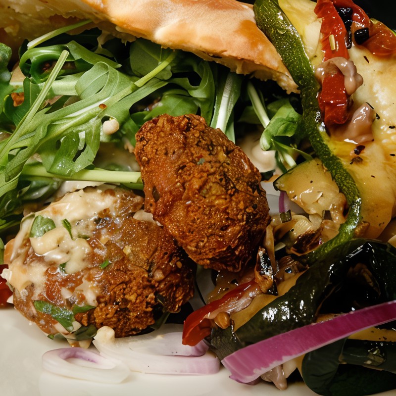 Пита с пряными мясными шариками, рукколой, майонезом с хариссой и дольками картофеля