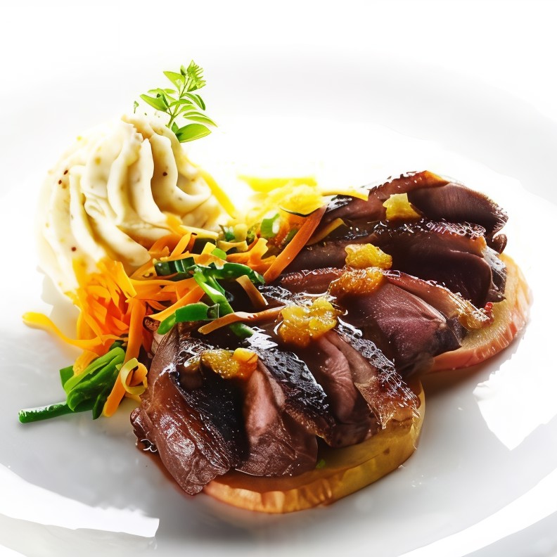 Подсушенная утиная грудка под соусом из красного вина с карамелизованным кумкватом