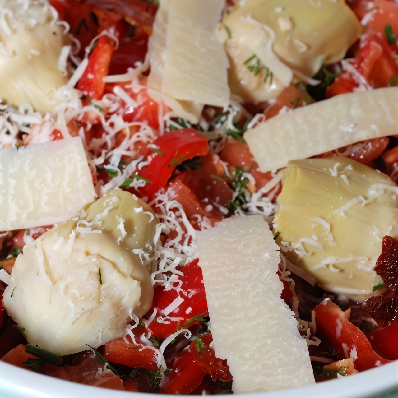 Поджаренные томаты с артишоками и хрустящим пармезаном