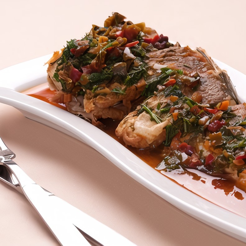 Рыбное жаркое с овощами, анчоусами и томатным соусом