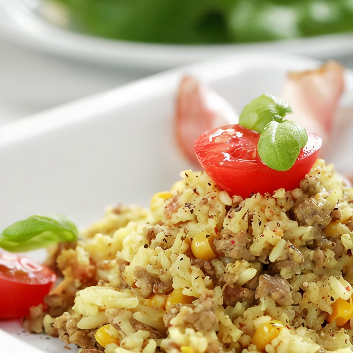 Ризотто с беконом, базиликом и жареными томатами