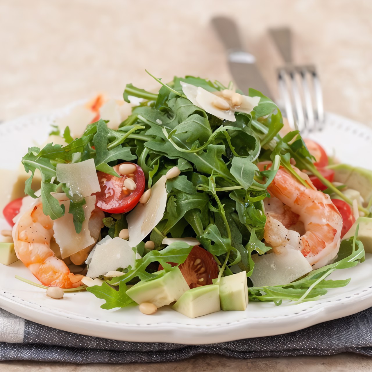 Руккола с тигровыми креветками и авокадо