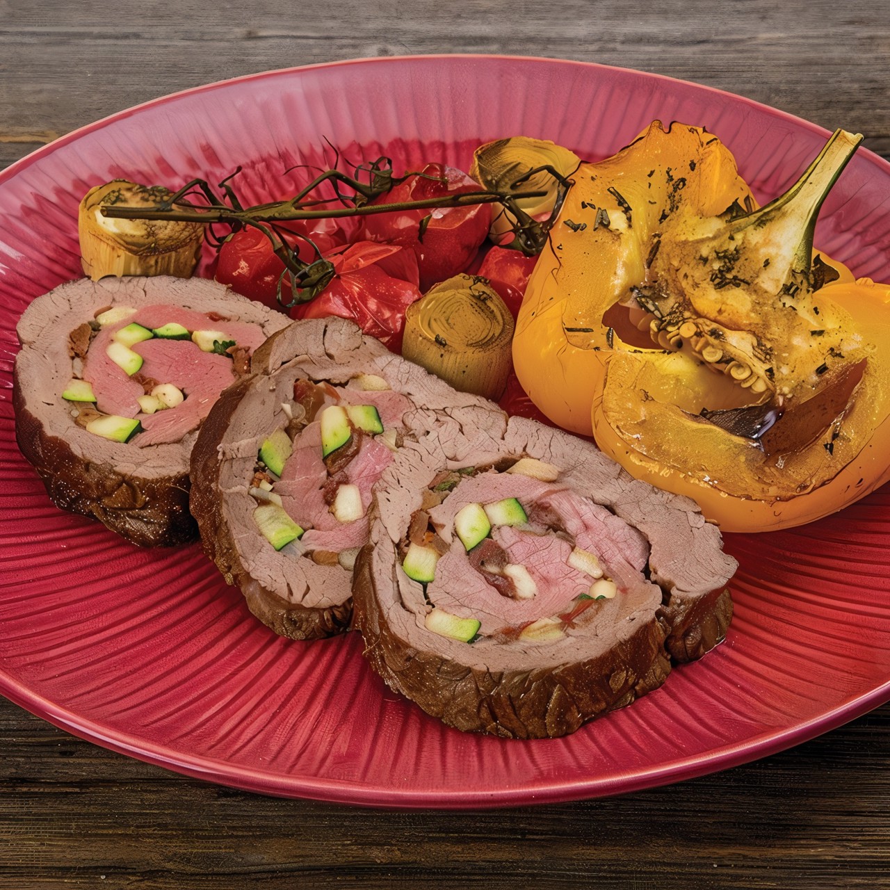 Рулет из говядины с запечеными овощами и бальзамико