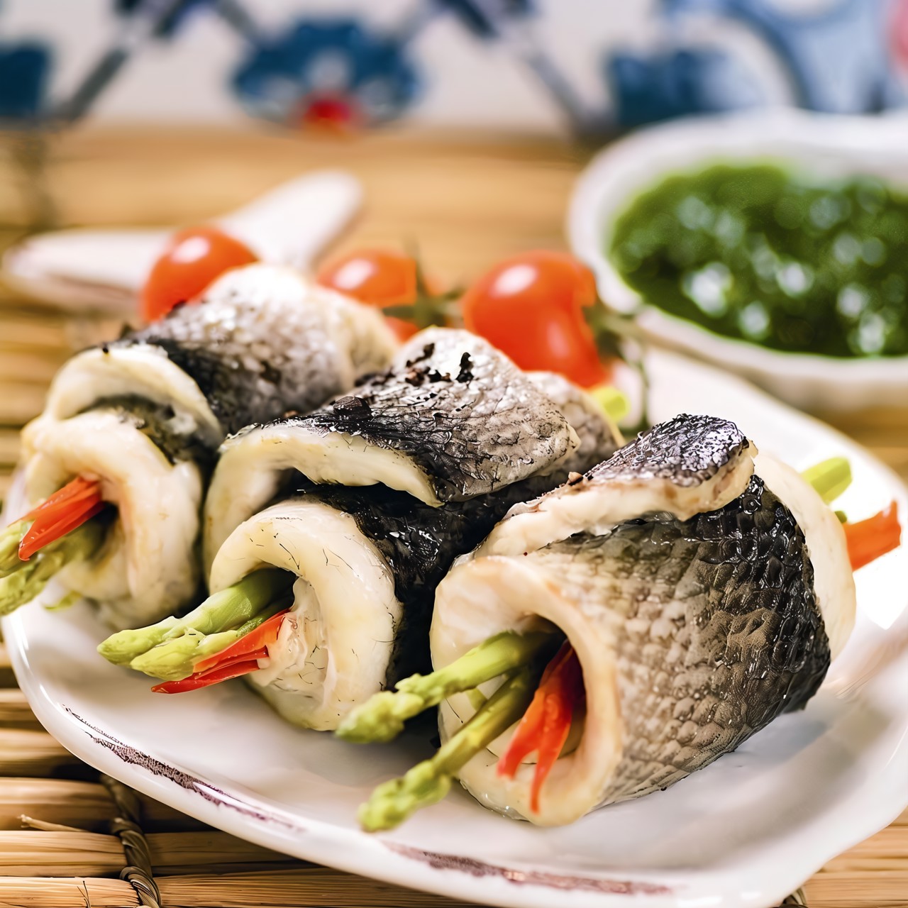 Рулет из сибаса с овощами