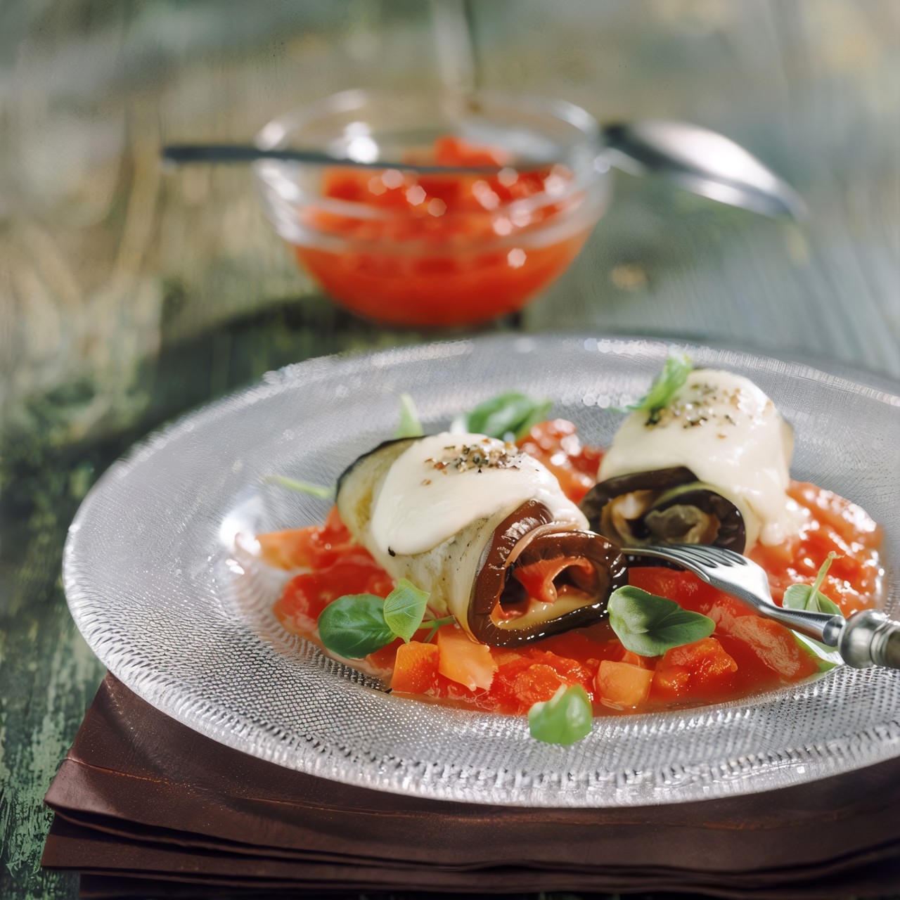 Рулеты из баклажана и моцареллы с приправой из рукколы