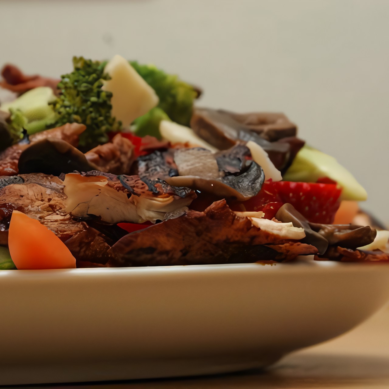 Салат из брокколи и помидоров с маринованной курицей и грибами шиитаке