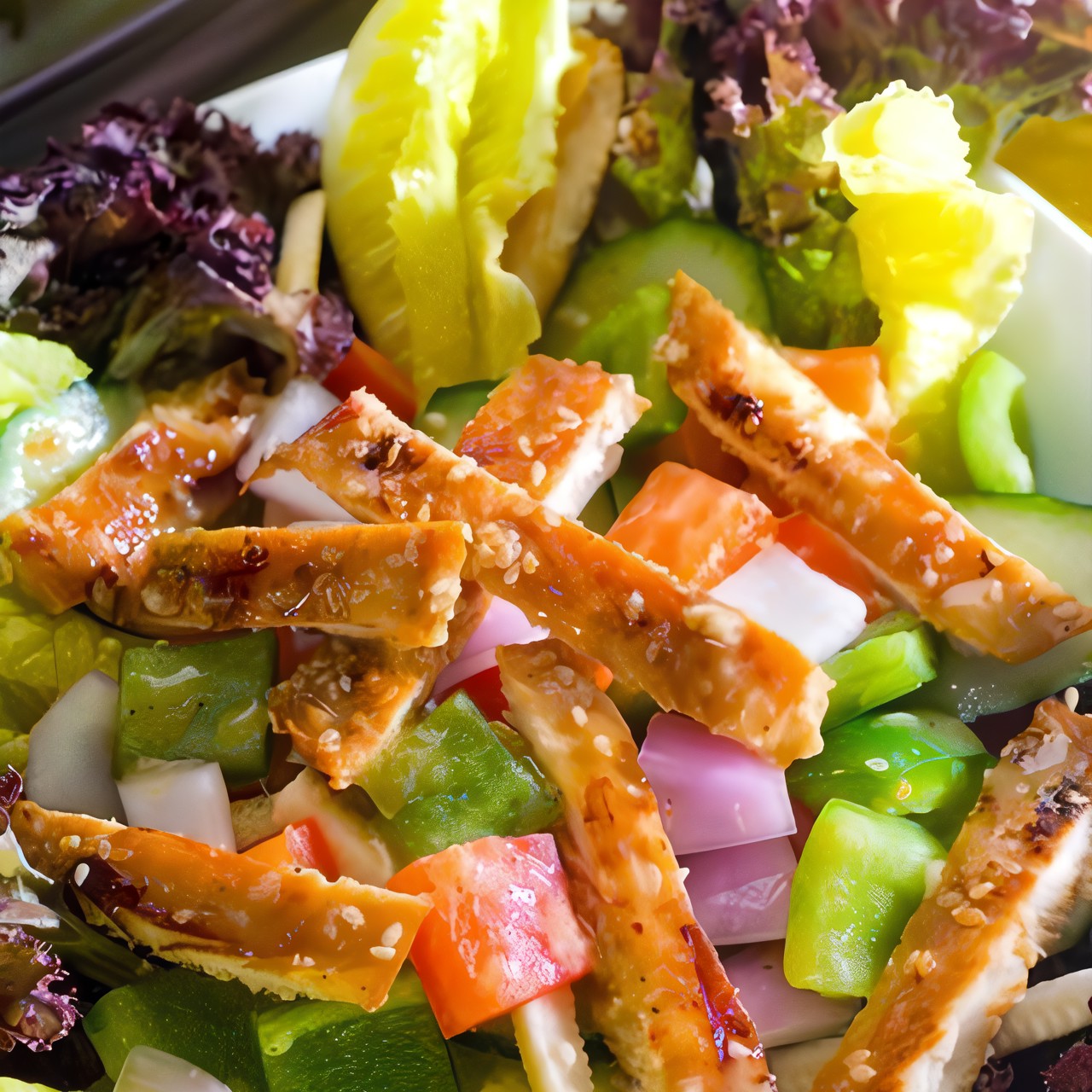 Салат из индейки с луком, перцем и кунжутом под медовым соусом