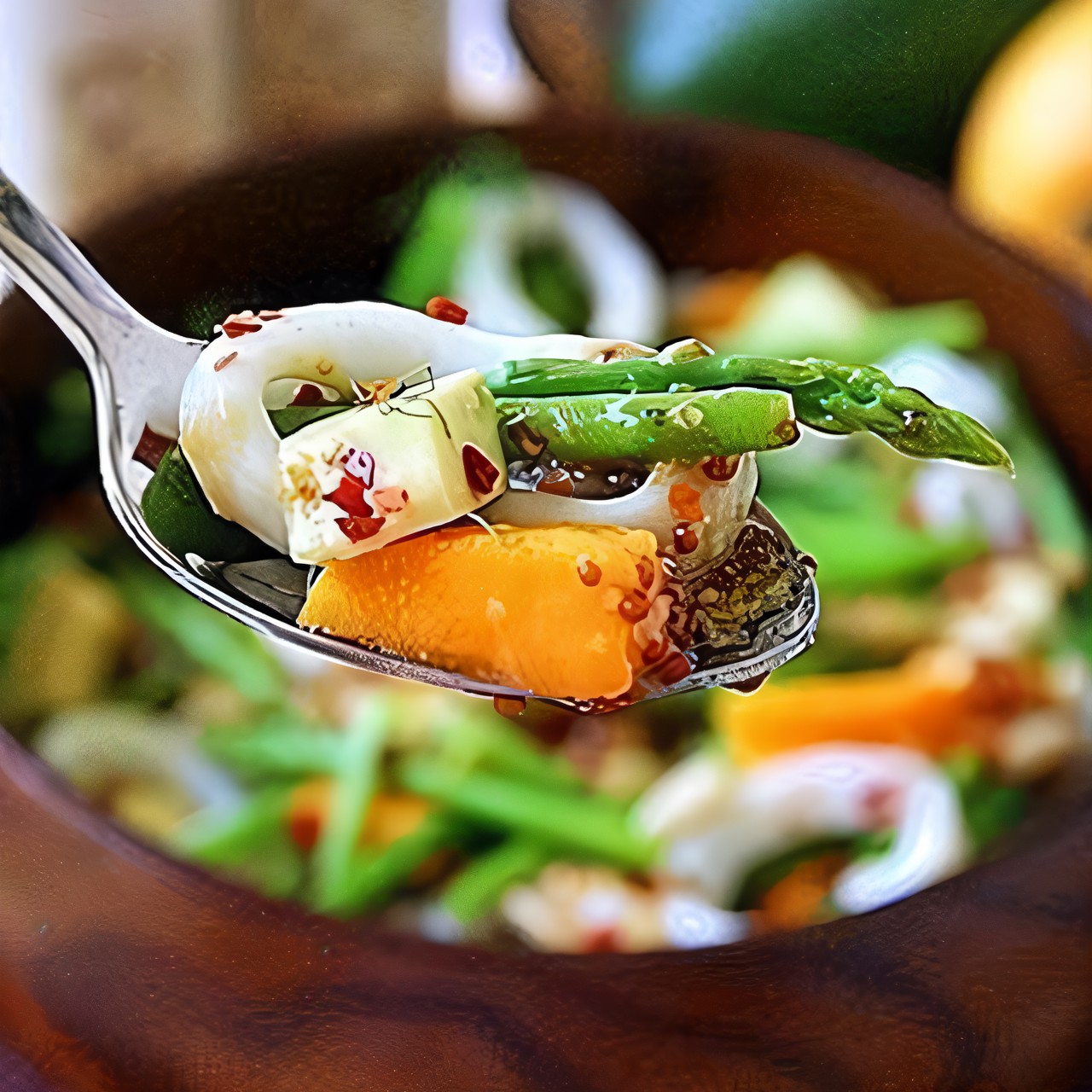 Салат из кальмаров с манго, спаржей и авокадо