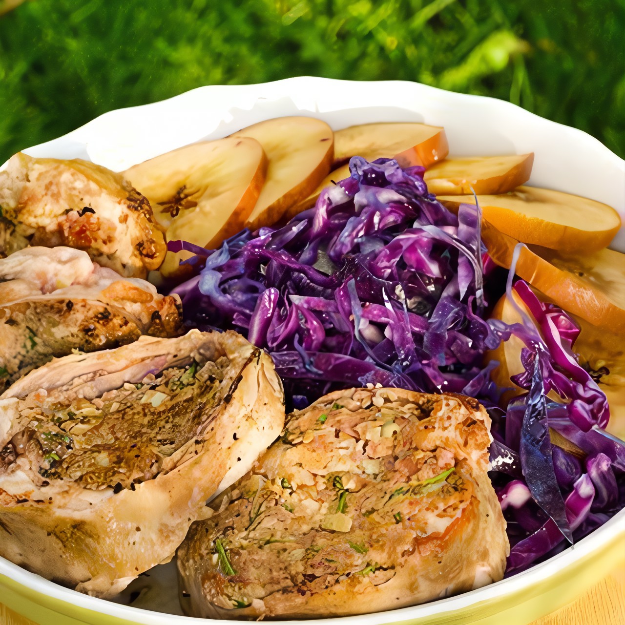 Салат из красной капусты с яблоком и горчично-майонезным соусом для свинины на гриле